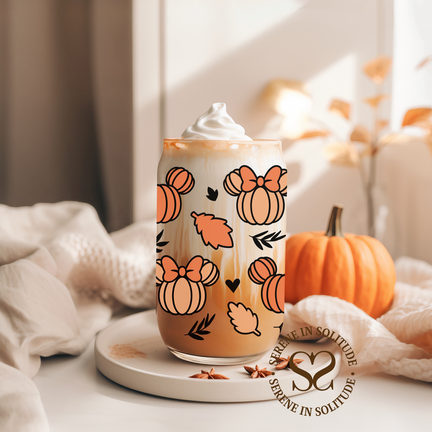 Fall Pumpkin Ears Glass Cup 16 Oz