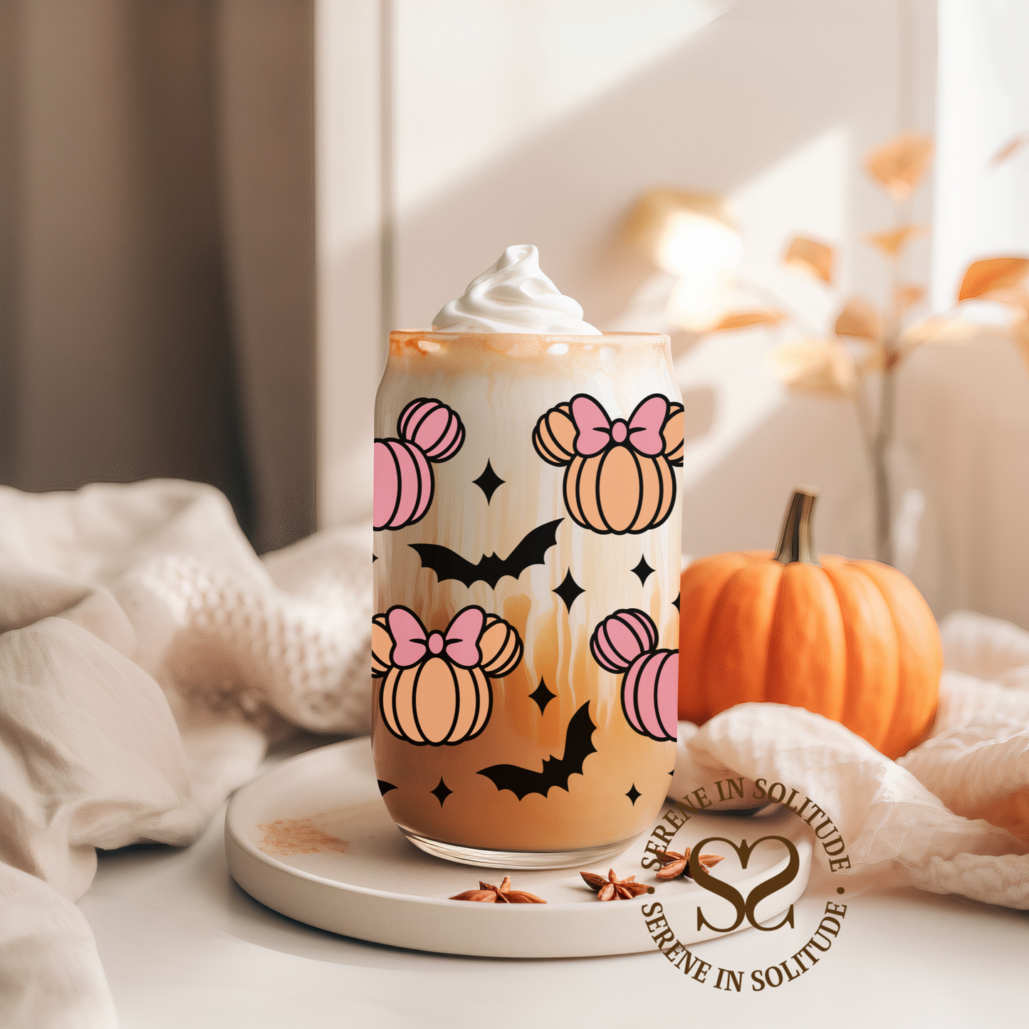 Bat Pumpkin Ears Glass Cup 16 Oz